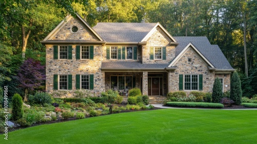 Stone-Faced House with Green Shutters and a Lush Garden