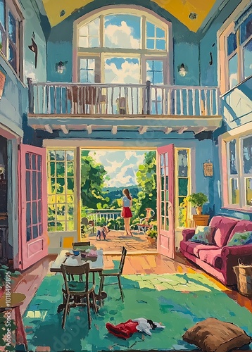 Cottage interior with boy on balcony, blue walls, and green carpet.