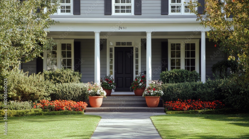 Obraz premium Grey House with White Porch and Red Flowers