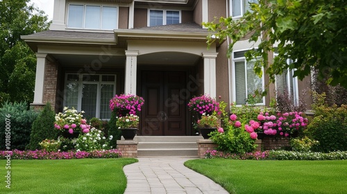Fototapeta Naklejka Na Ścianę i Meble -  Front entrance of a house with a stone walkway, lush greenery, and pink flowers