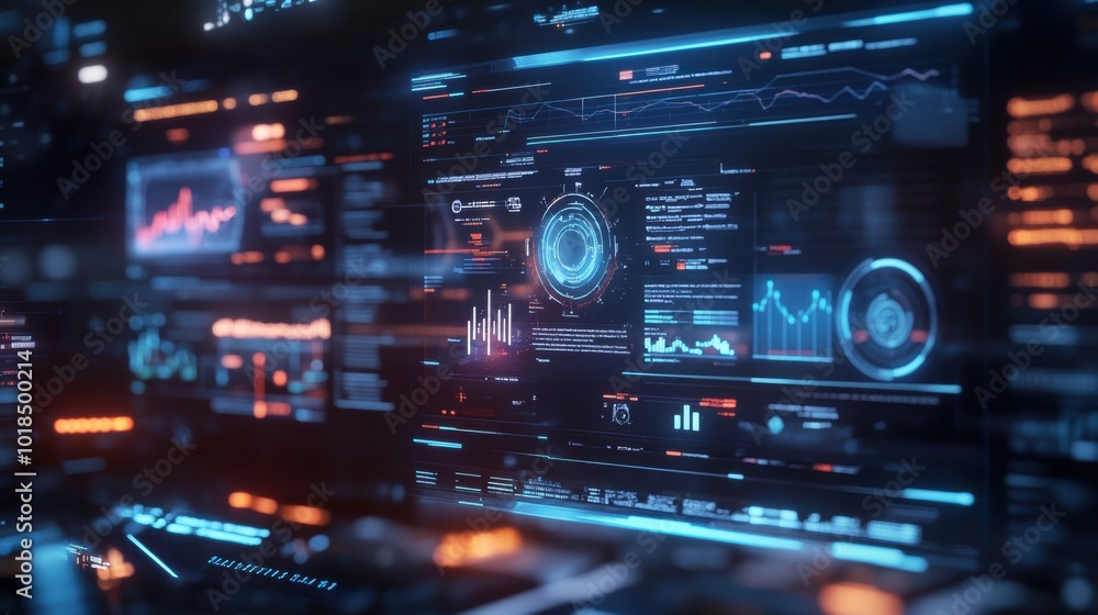 A futuristic computer interface displayed as a hologram, with various data and graphs floating in mid-air A futuristic computer interface displayed as a hologram, with various data and graphs floating in mid-air