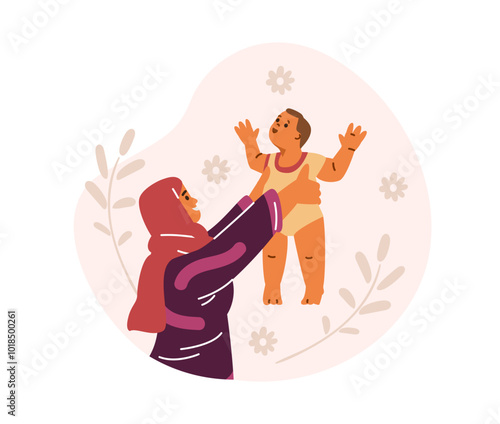 Vector illustration showing a woman in hijab happily lifting her baby up.