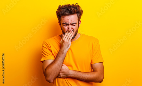 A young man in an orange t-shirt grimaces in disgust, covering his nose and mouth with his hand against a vibrant yellow backdrop.