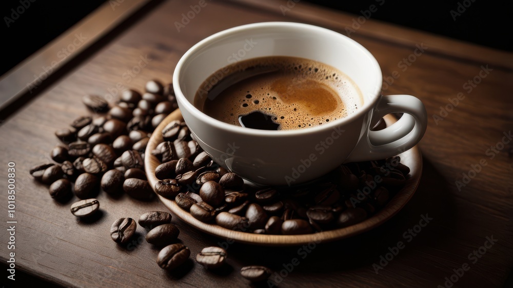 Coffee, Cup, Steam, Coffee Beans, Boiling Water, Plate, Spoon Coffee, Cup, Steam, Coffee Beans, Boiling Water, Plate, Spoon