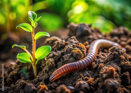 A garden worm peeks out of damp soil, its segmented body squirming slightly, surrounded by vibrant green foliage and tiny leaves scattered about.