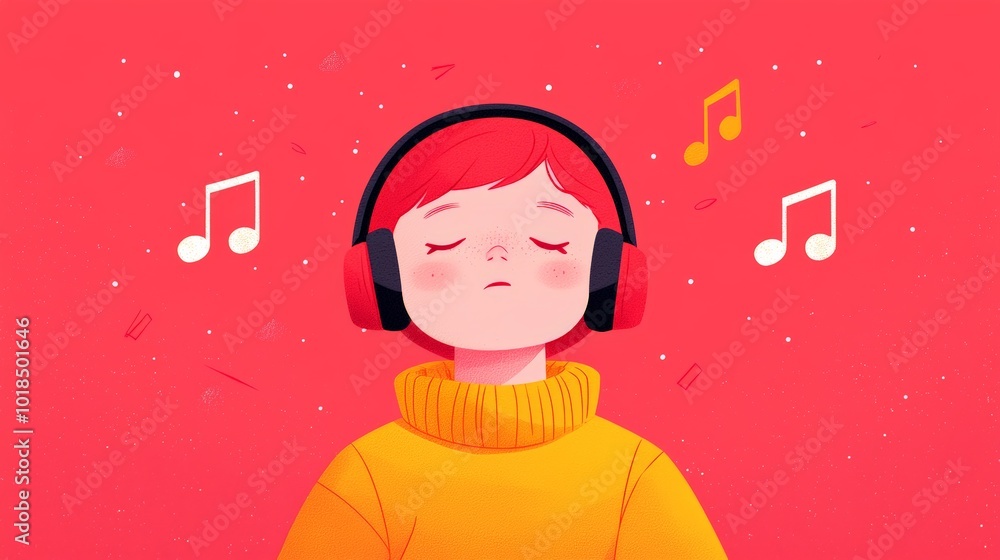 Young boy lying down with headphones, looking thoughtful while listening to music, dressed in a striped orange shirt. Young boy lying down with headphones, looking thoughtful while listening to music, dressed in a striped orange shirt.