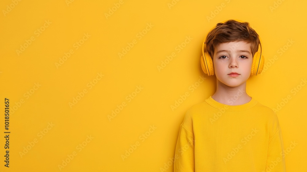 Young boy lying down with headphones, looking thoughtful while listening to music, dressed in a striped orange shirt.