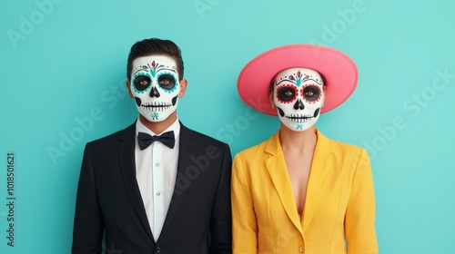 Two models dressed in vibrant yellow and pink suits with skull makeup, celebrating Dia de los Muertos in a modern and colorful style.