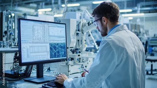 A scientist working on a computer in a laboratory, analyzing data and conducting research in a high-tech environment.