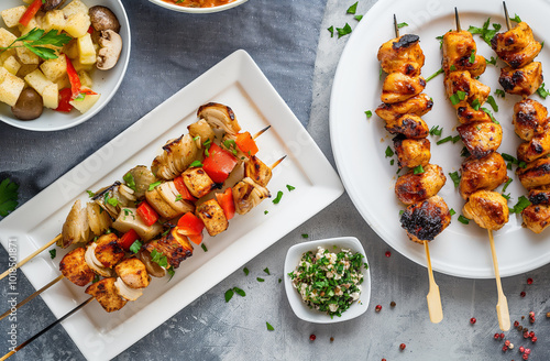 Overhead shot of chicken sheekh kebabs on wooden sticks, served with plates of spiced oyster mushrooms and cheese, set on a grey and white tablecloth photo