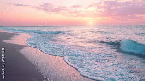 A serene beach scene at sunset with soft waves and a pastel sky, perfect for relaxation and nature-inspired visuals.