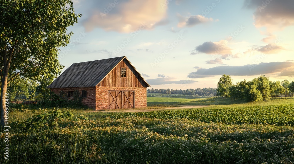 Fototapeta premium A serene countryside scene featuring a rustic barn nestled among lush fields under a beautiful sky.