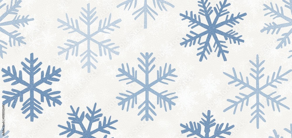 Minimalist snowflakes in muted blue and white, repeating symmetrically on a light grey background for a subtle winter look Minimalist snowflakes in muted blue and white, repeating symmetrically on a light grey background for a subtle winter look