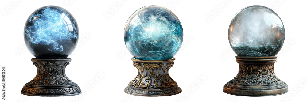 Crystal ball with stand isolated on a transparent background perfect for fantasy-themed illustrations or fortune-telling designs. Crystal ball with stand isolated on a transparent background perfect for fantasy-themed illustrations or fortune-telling designs.
