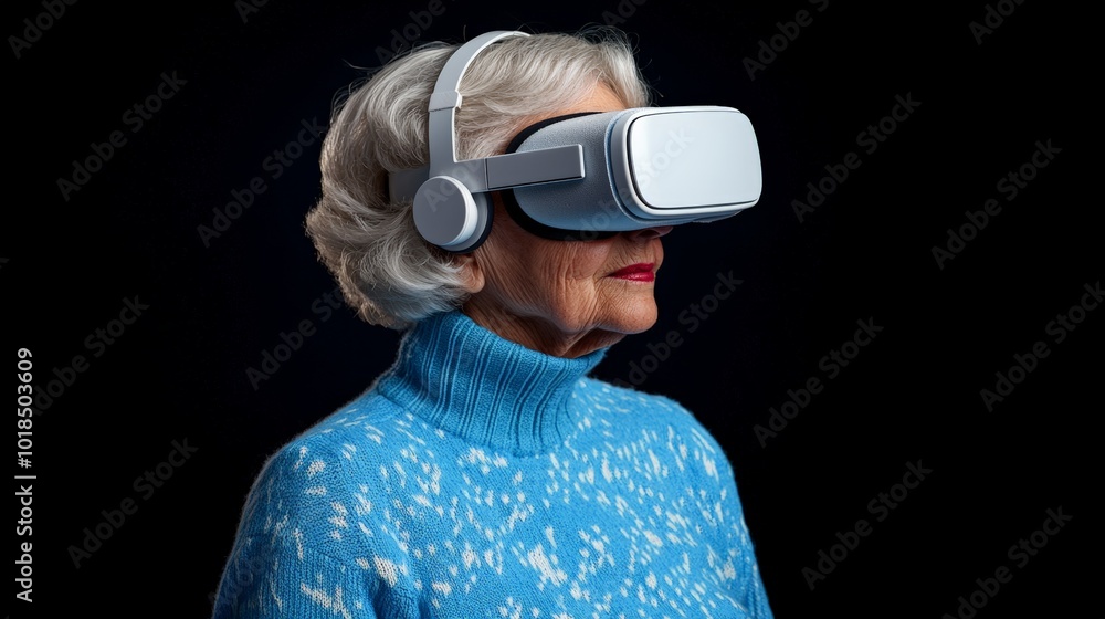 An elderly woman wearing a virtual reality headset, exploring modern technology with curiosity and engagement. An elderly woman wearing a virtual reality headset, exploring modern technology with curiosity and engagement.