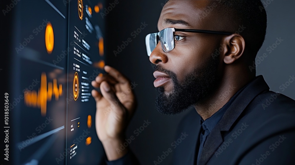 Data Driven Decisions: A focused businessman intently analyzes a screen filled with dynamic data, highlighting his commitment to strategic insights and data-driven decision making. Data Driven Decisions: A focused businessman intently analyzes a screen filled with dynamic data, highlighting his commitment to strategic insights and data-driven decision making.