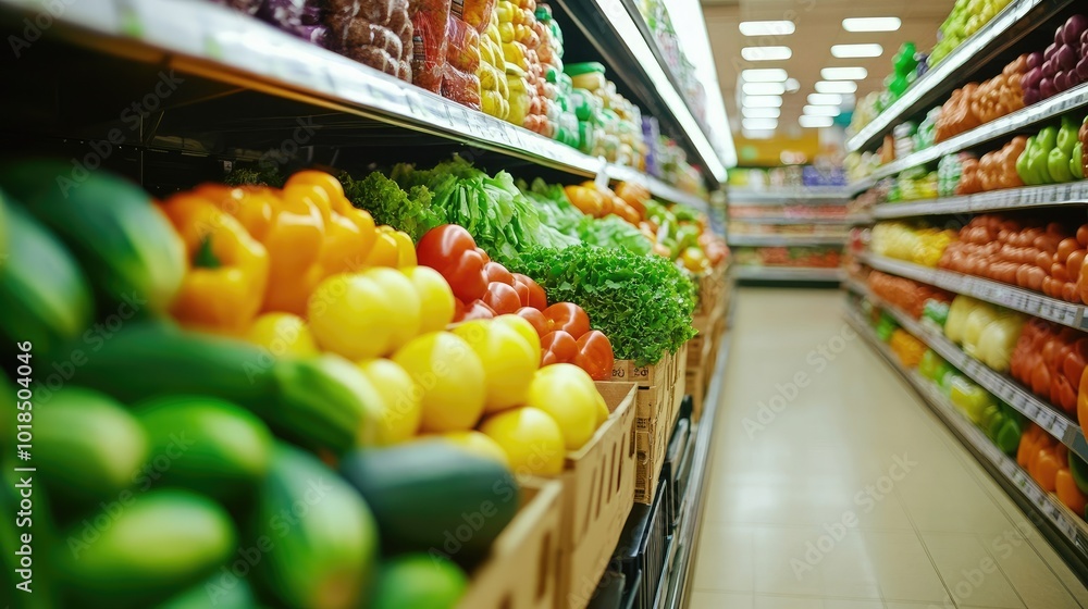A clean and organized supermarket aisle with fresh produce on display, capturing the variety of food choices.