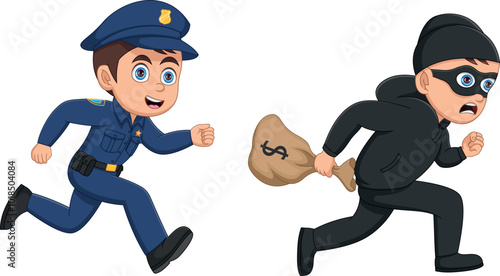 Cartoon police chasing a thief with money
