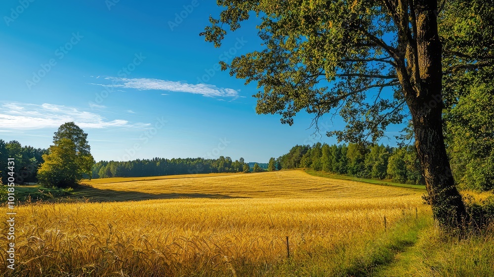 Obraz premium A serene landscape featuring a golden field under a clear blue sky, with lush trees in the background creating a peaceful atmosphere.
