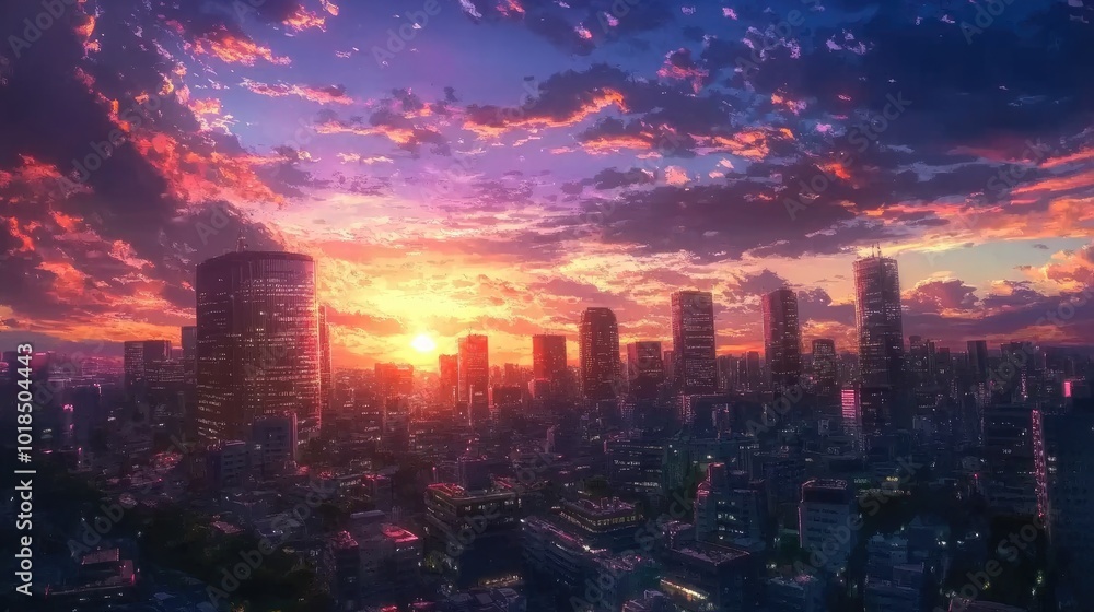 A colorful anime-style cityscape at sunset, with tall buildings and vibrant skies, creating a serene atmosphere. A colorful anime-style cityscape at sunset, with tall buildings and vibrant skies, creating a serene atmosphere.