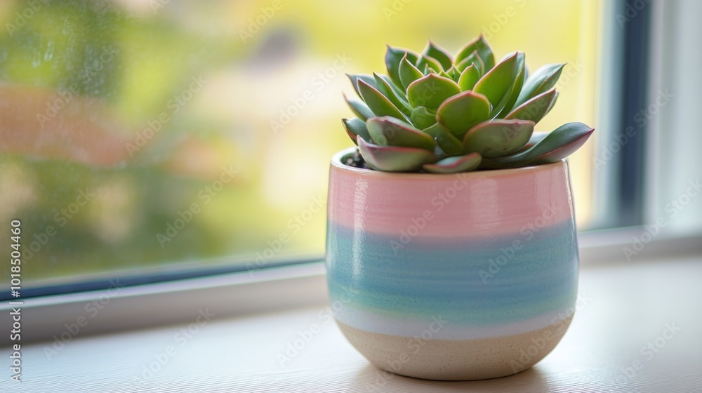 Succulent Plant in a Colorful Pot by a Window Succulent Plant in a Colorful Pot by a Window