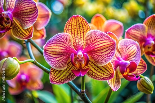 A majestic orchid unfurls its regal beauty, showcasing delicate petals in iridescent hues and intricate patterns that dance across its velvety surfaces like brushstrokes of an artist. photo