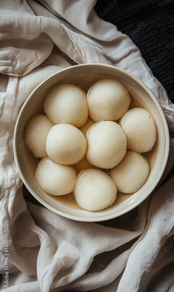 Traditional Bengali Rasgulla Sweet Dumplings in Sugar Syrup, Soft Lighting on Pastel Blue Background Traditional Bengali Rasgulla Sweet Dumplings in Sugar Syrup, Soft Lighting on Pastel Blue Background
