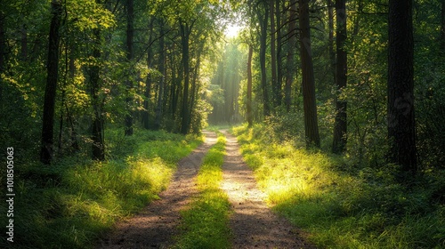 A serene path through a lush forest illuminated by soft sunlight, inviting tranquility and exploration in nature's beauty.