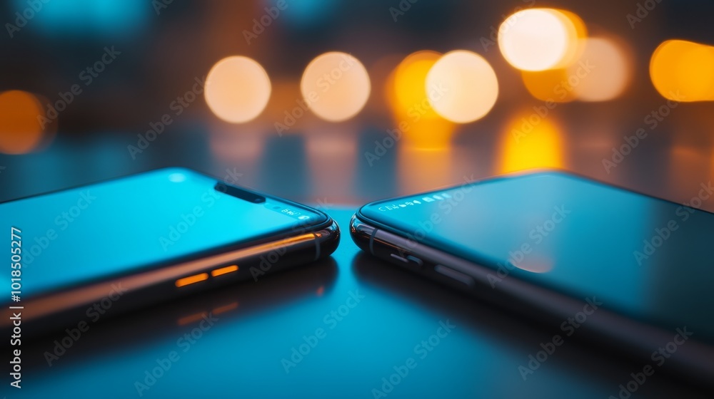 Two smartphones positioned closely, illuminated by soft bokeh lights, creating a modern and tech-inspired atmosphere. Two smartphones positioned closely, illuminated by soft bokeh lights, creating a modern and tech-inspired atmosphere.