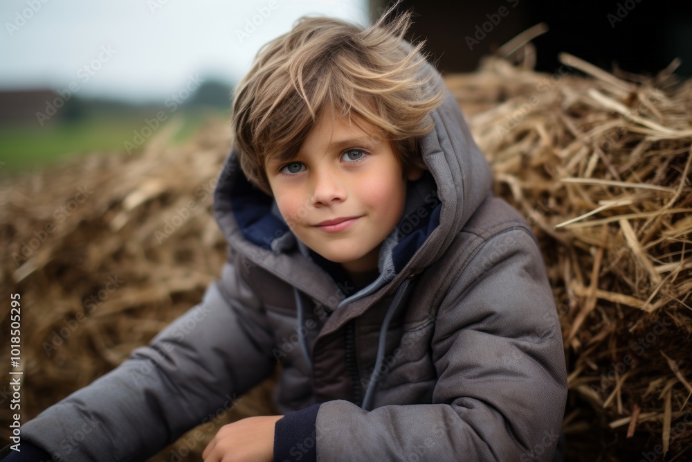 Portrait of a cute little boy on a haystack in the countryside Portrait of a cute little boy on a haystack in the countryside