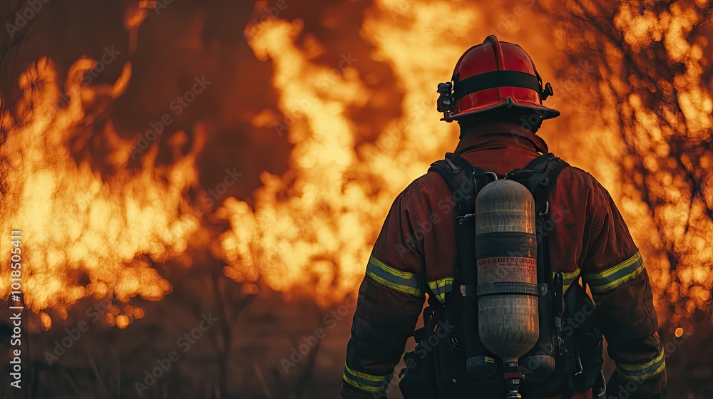 A firefighter faces a wall of flames in the background, fully equipped and prepared for the dangers of the emergency situation. A firefighter faces a wall of flames in the background, fully equipped and prepared for the dangers of the emergency situation.