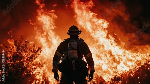 A firefighter faces a wall of flames in the background, fully equipped and prepared for the dangers of the emergency situation.