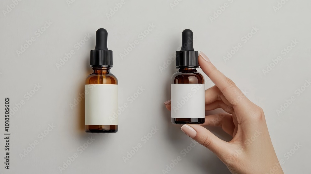 Two glass dropper bottles on a neutral surface, one being held, both featuring blank labels for possible branding or customization. Two glass dropper bottles on a neutral surface, one being held, both featuring blank labels for possible branding or customization.