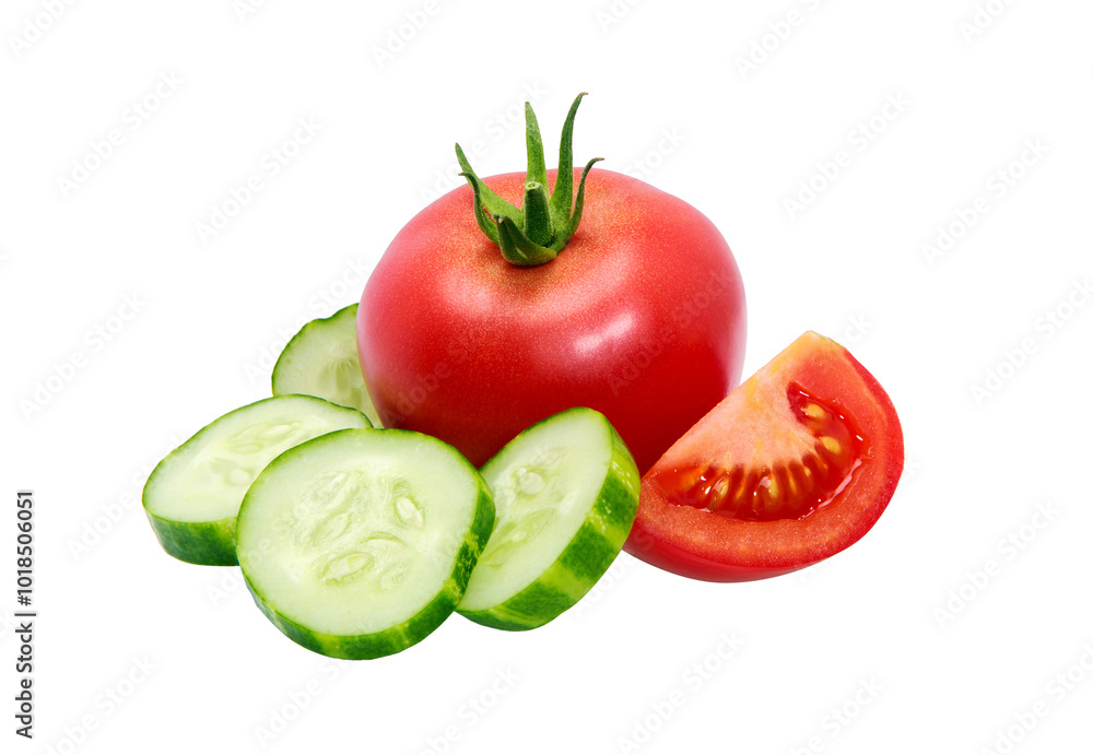 Tomato whole, half, cucumber slice isolated