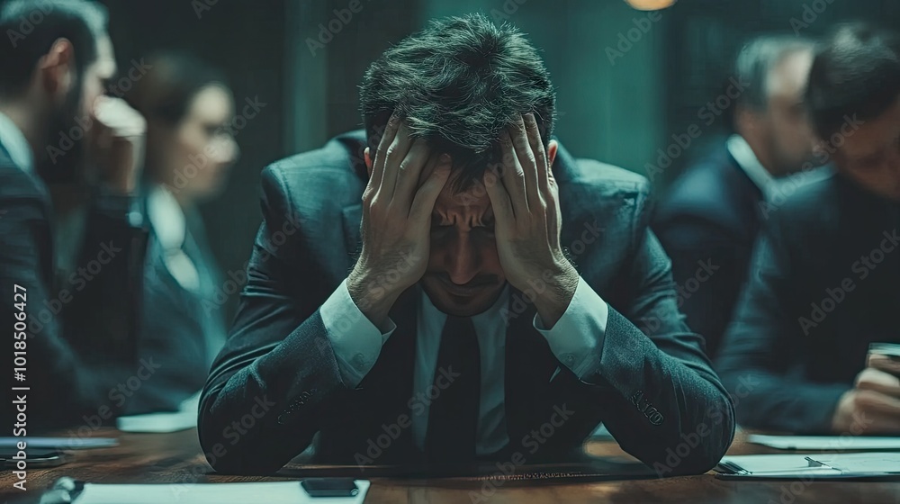 A group of professionals in a boardroom, one person holding their head in their hands, showing concern during a stressful meeting. A group of professionals in a boardroom, one person holding their head in their hands, showing concern during a stressful meeting.