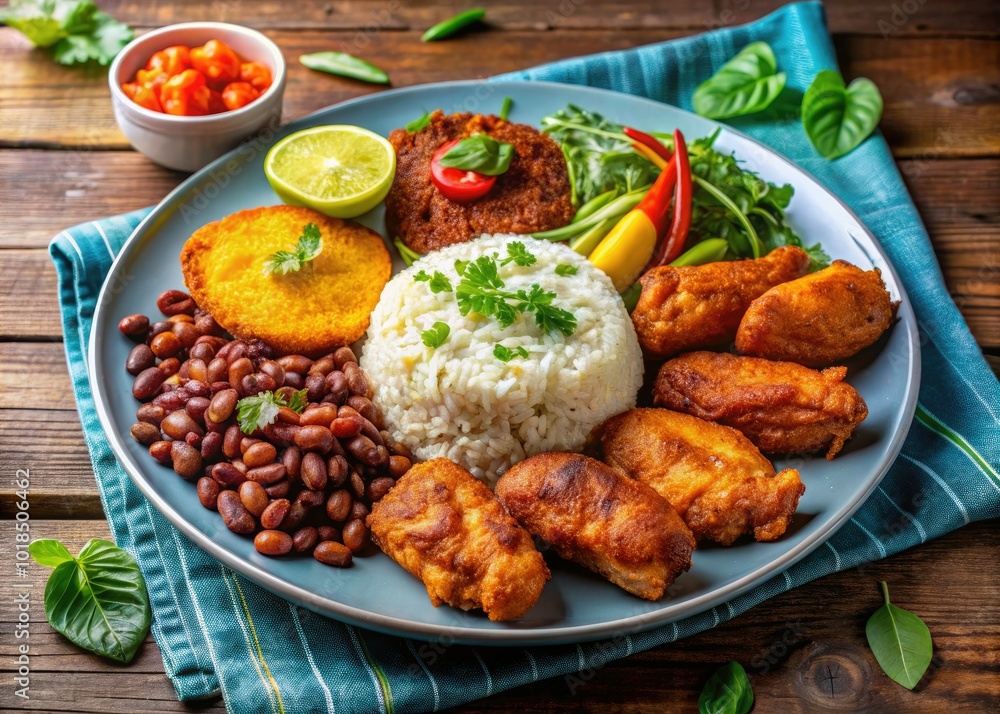 Indulge in a classic Dominican dish featuring fragrant rice, hearty beans, sweet plantains, and perfectly fried chicken, showcasing the rich culinary heritage of the island. Indulge in a classic Dominican dish featuring fragrant rice, hearty beans, sweet plantains, and perfectly fried chicken, showcasing the rich culinary heritage of the island.