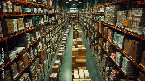 A spacious warehouse filled with organized shelves and stacked boxes, showcasing efficient storage and inventory management.