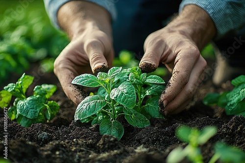 Hands Gently Planting a Green Seedling into Rich Soil for Growth photo