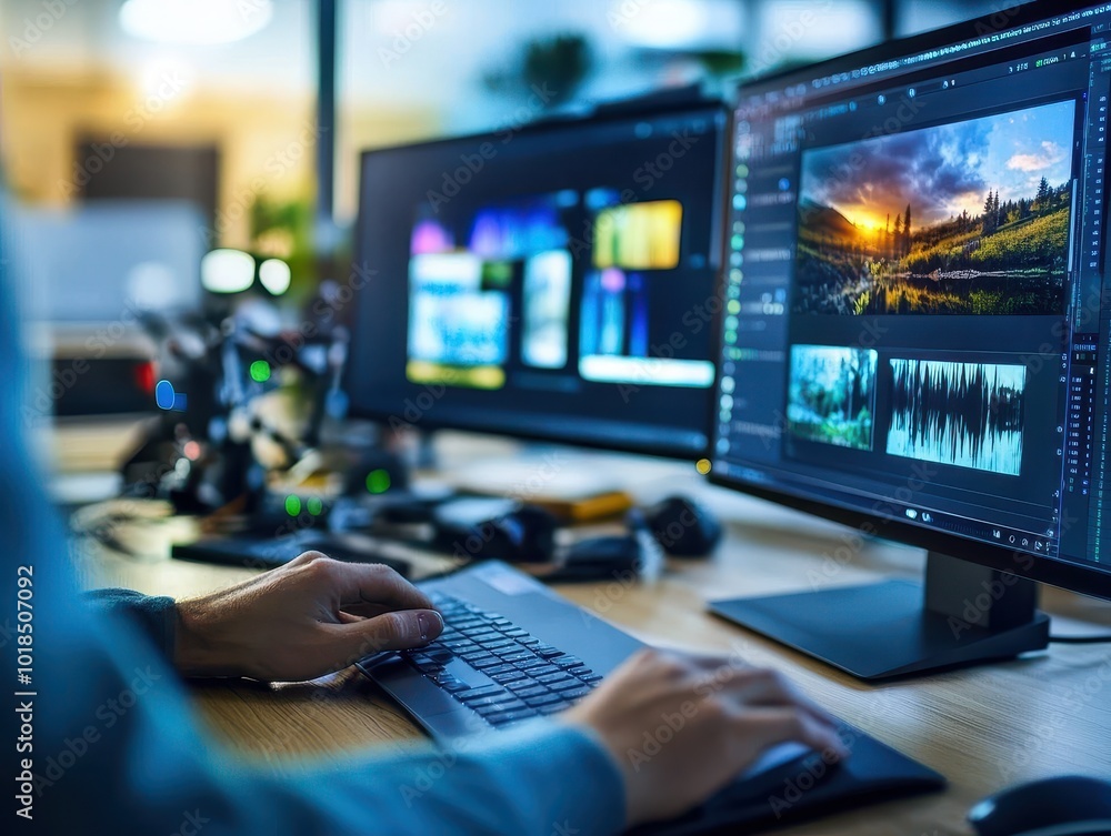 A person edits digital images on dual monitors, surrounded by equipment and focused on enhancing visual content in a creative workspace. A person edits digital images on dual monitors, surrounded by equipment and focused on enhancing visual content in a creative workspace.