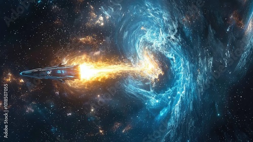 Fototapeta Naklejka Na Ścianę i Meble -  A stunning cosmic scene featuring a spaceship navigating through a swirling vortex of color and energy in outer space.