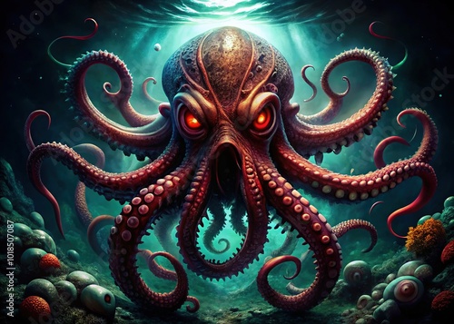 An irate octopus emerges from dark ocean depths, its crimson eyes blazing, tentacles splayed in fierce defiance, as if prepared to unleash underwater fury. photo