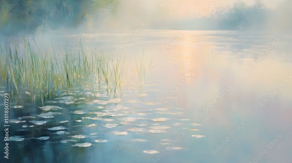 Ethereal Lakeside Landscape with Misty Morning Glow Ethereal Lakeside Landscape with Misty Morning Glow