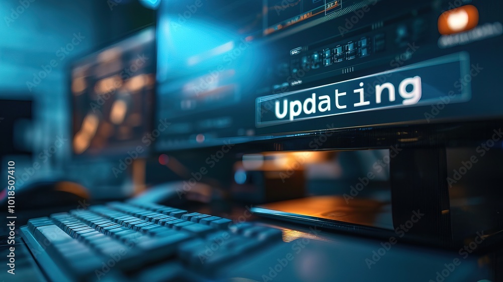 Close-up of computer screen showing software update progress bar with Close-up of computer screen showing software update progress bar with
