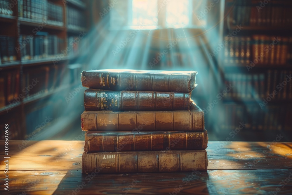 A stack of old, antique books illuminated by soft rays of light, creating a vintage and mysterious atmosphere perfect for storytelling, history, and literature themes. A stack of old, antique books illuminated by soft rays of light, creating a vintage and mysterious atmosphere perfect for storytelling, history, and literature themes.