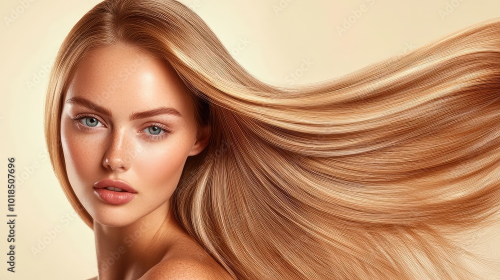 A stunning portrait of a young woman with long, flowing hair against a soft background, showcasing beauty and elegance.