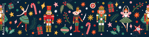 Nutcracker. Cute colorful Christmas gorizontal border. Christmas gold motifs.