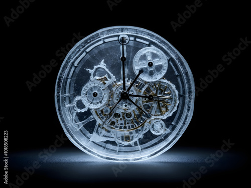 old clock mechanism made of ice, black background