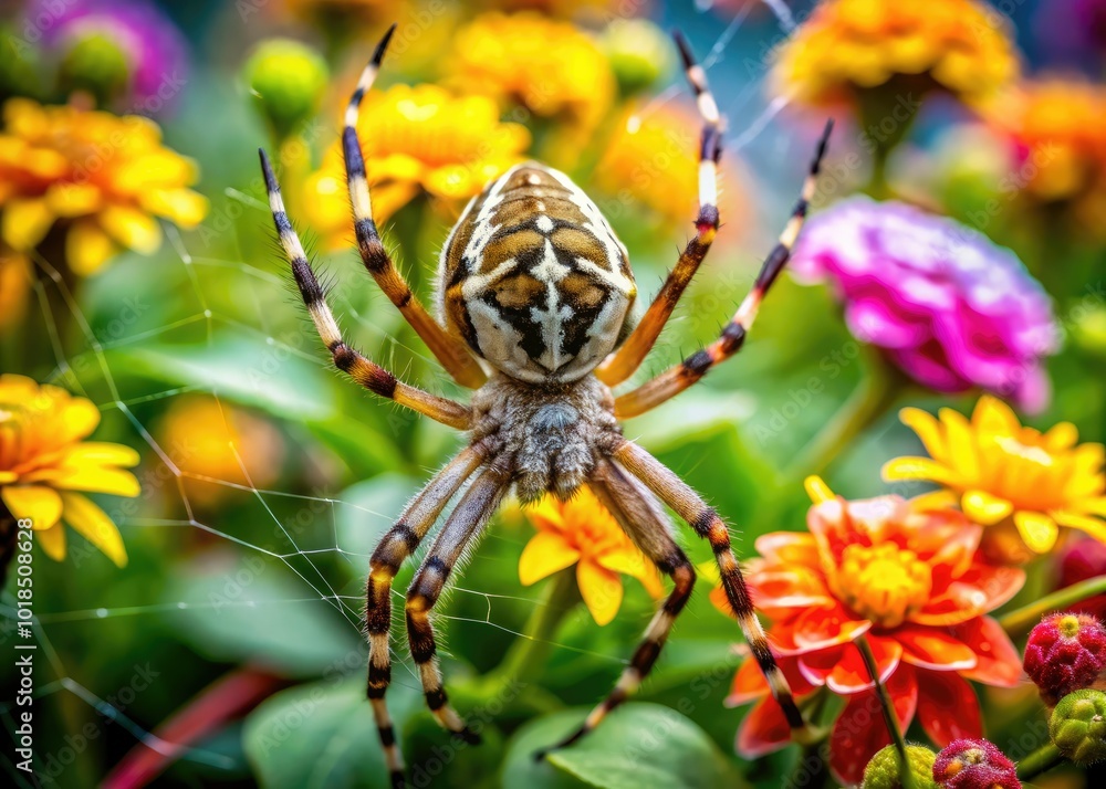 Intricate close-up images of garden spiders thriving amid lush foliage and bright blossoms, demonstrating nature's artistry and the delicate interplay within their vibrant ecosystems. Intricate close-up images of garden spiders thriving amid lush foliage and bright blossoms, demonstrating nature's artistry and the delicate interplay within their vibrant ecosystems.
