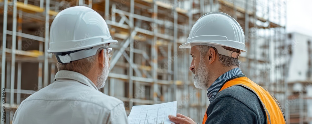 Engineer in hard hat reviewing progress with foreman, comparing to schedule, detailed scaffolding in the background, photorealistic Engineer in hard hat reviewing progress with foreman, comparing to schedule, detailed scaffolding in the background, photorealistic