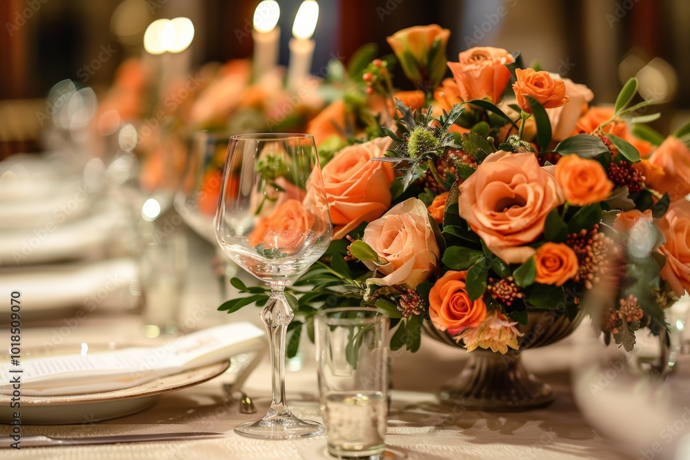 A luxurious floral arrangement of peach roses as the centerpiece on a beautifully set dining table, perfect for special events and celebrations. A luxurious floral arrangement of peach roses as the centerpiece on a beautifully set dining table, perfect for special events and celebrations.